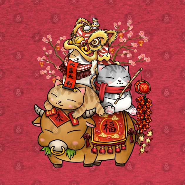 Chinese New Year Cats on Ox by Takeda_Art